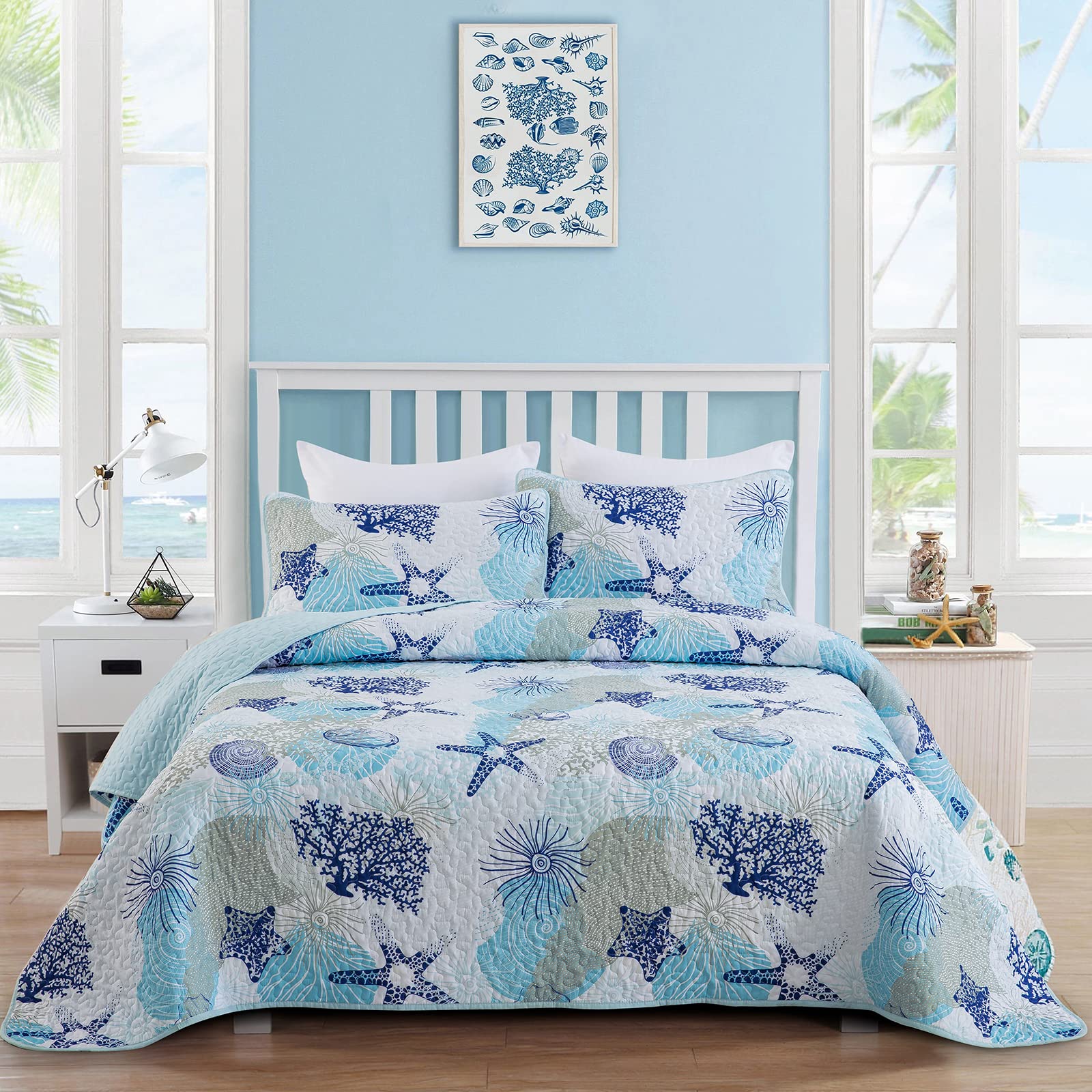 Dinjoy Coastal Quilt Set King Size, Blue Ocean Beach Themed Bedding Set Coral Seashell Conch Starfish Pattern Microfiber Lightwe